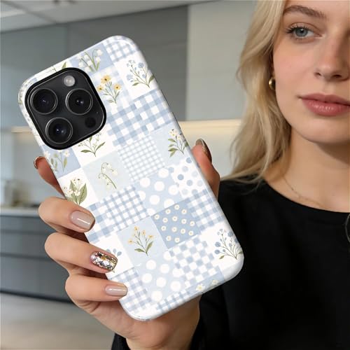 Coque iPhone 14 Pro antichoc double couche avec motif patchwork floral bleu - 6