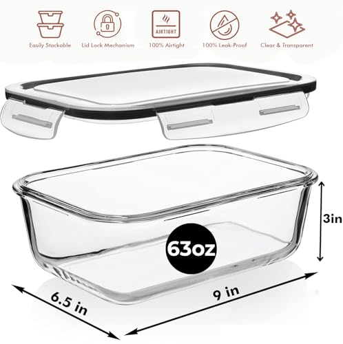 Image of Razab 4 PC 1860ml / 63 Oz / 8 Cups Large Glass Food Storage Containers with Lids - Glass Meal Prep Containers for Roasting & Storing Leftover, Lunch Container with Lids, Microwave & Oven Safe
