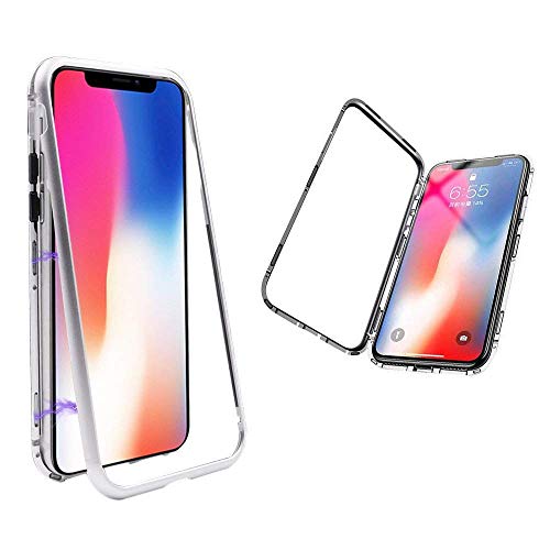 Image of The Little Shop Back Cover Case for Realme 5 Pro Magnetic Metal Frame Tempered Glass (only at The Back) with Built-in Magnets Bumper Hard Back Case (Silver)
