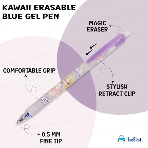 Image of FunBlast Erasable Gel Pens - Princess Pink Dream 12 Pcs of Gel Pen with Magic Eraser, Kawaii Gel Pens, Lightweight Gel Pen with Comfortable Grip, Stationery for School & Office - Blue Ink
