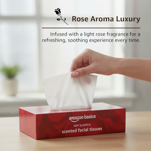Image of Amazon brand- Amazon Basics 3-Ply Scented Facial Tissue paper 360 pulls | 90 pulls x Pack of 4| Soft, Absorbent, Gentle| Chemical-Free| Rose Aroma