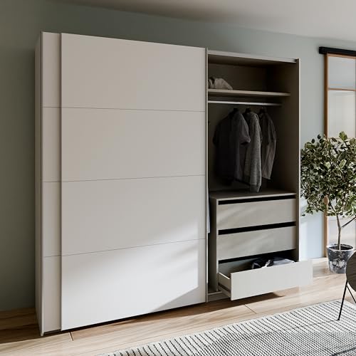 Forte Schach & MATT 2 weißer Kleiderschrank 220, moderner Schwebetürenschrank mit Einlegeböden und Kleiderstange, 2-türig, Holzwerkstoff, Weiß...
