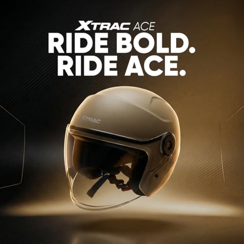 Image of Xtrac Ace ISI Certified Open Face Helmet for Men & Women | Half Face Bike Helmet with Scratch-Resistant Clear Visor | Lightweight ABS Shell | Quick Release Buckle | Desert Storm - M