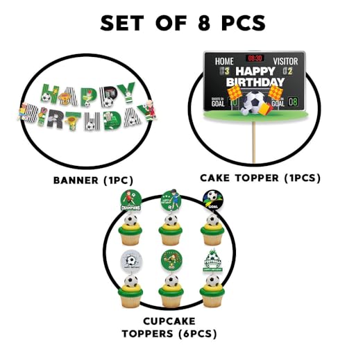 Image of Festiko Set of 8 Pcs Football Theme Happy Birthday Combo (Banner, Cake & Cupcake Toppers), Football Theme Decorations, Birthday Decoration Items