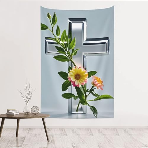 Tapisserie murale pour chambre et salon déco salon motif croix fleurs 152x101cm