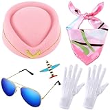 Bencailor 6 Pcs Halloween Women Flight Attendant Costume Accessories Stewardess Outfits Bellhop Hat Scarf Sunglasses Gloves(Pink)