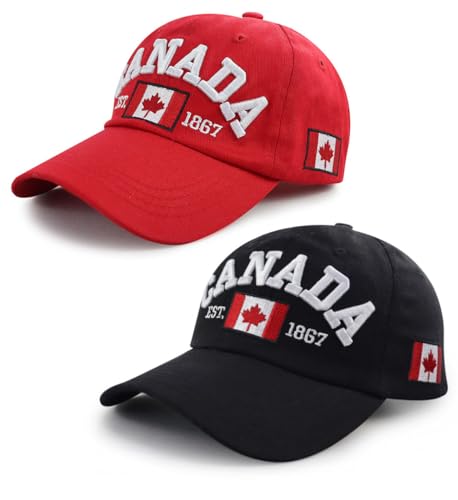 2PCS Canada Flag Hats for Men Women Canadian Flags Est 1867 Baseball Cap National Day Christmas Birthday Gifts for Dad Mom Papa Mama Grandpa Grandma Red Black