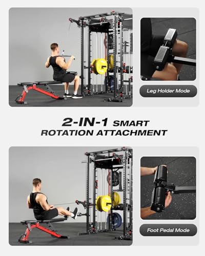 Image of Mikolo Smith Machine, Multi-Function Power Cage with Dual Pulley System, Vertical Leg Press Attachment, Squat Rack Power Rack with More Training Attachment for Home Gym