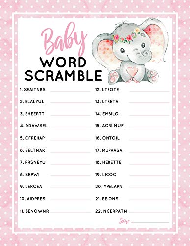 30 Pink Elephant Baby Word Scramble Baby Shower Game and Activity Easy to Play- Gender Reveal New Parent Women Men or Kids- 5x7