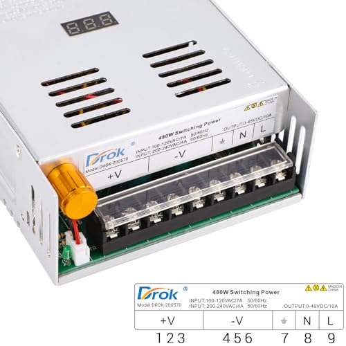 Image of DROK 48V Power Supply, AC to DC Converter 0-48V 10A 480W Variable Power Supply, AC to DC Adapter Low Voltage Transformer for Landscape Lights LED Adapter Lab CCTV