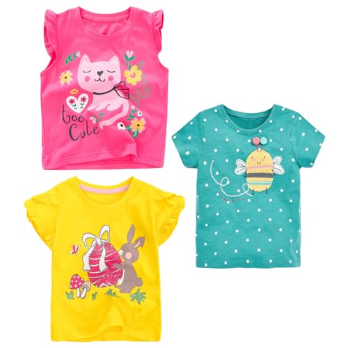 Kids Girl Ruffle Short Sleeve Tee Shirts Sets Cotton Casual Crewneck Pink Cat Yellow Rabbit Tops T-Shirts 3 Packs 4T2