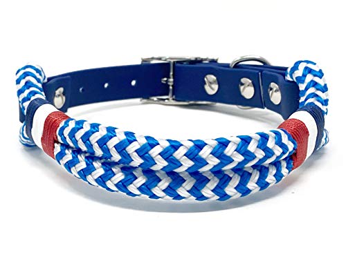 Wau-Effekt Tauhalsband für Hunde - 100% Handarbeit - Halsband - Halsung aus robustem Segeltau mit Biothaneverschluss (M, Blau/Weiß - Blau Weiß Rot)