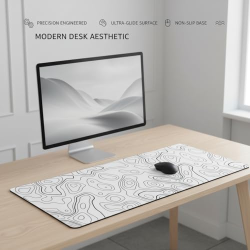 Image of White Abstract Contour Line Extended Desk Mat (305 x 813 mm) - 3mm Thick Premium Rubber Base Mouse Pad for Office, Gaming & Work Setup