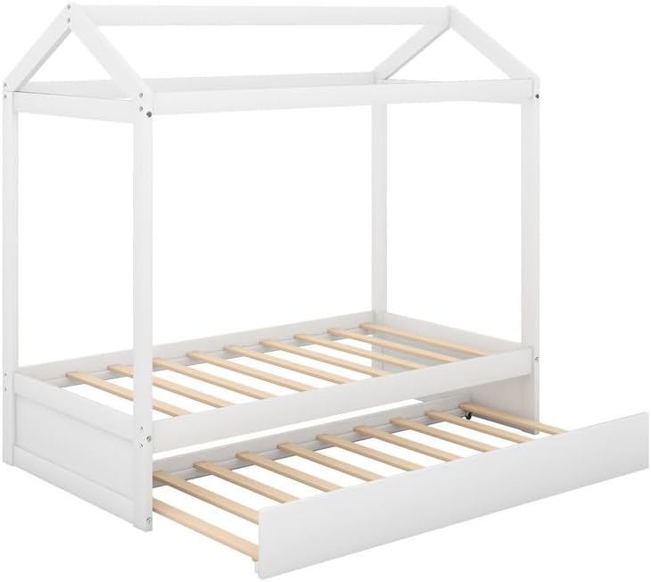 Twin Bed Frame with Trundle, Wooden Playhouse Platform Bed Twin Floor Bedframe with Roof, Can Be Decorated, Space Saving Design, No Box Spring Needed, White