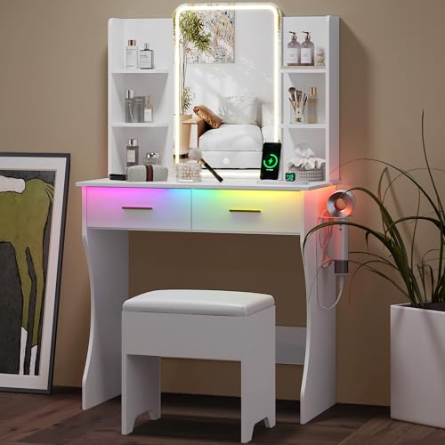 Image of Small Vanity Desk with Mirror and Lights, Makeup Vanity with LED Lights, White Vanity Mirror with Lighted Desk and Chair, 3 Lighting Adjustable Compact Dressing Table with Mirror for Women, Girls