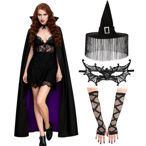TAGVO Disfarce de bruxa de 4 peças, acessórios de disfarce de bruxa de Halloween com chapéu de bruxa, capa de Halloween, máscara de bruxa, luvas, Halloween cosplay para festas de carnaval, Roxo-f