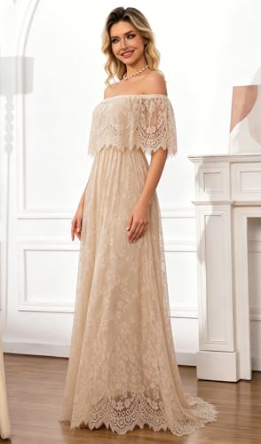Image of HOYISHION Women's Off The Shoulder Floral Lace Maxi Dress White Bridesmaid Wedding Party Maternity Photoshoot Long Dresses