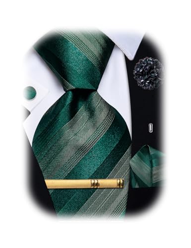 Image of Striped Plaid Ties for Men Silk Formal Necktie Set | 3.15 inch(8cm) Woven Jacquard Mens Ties with Necktie Pocket Square Cufflink Tie Clip Lapel Pin for Wedding Business Party