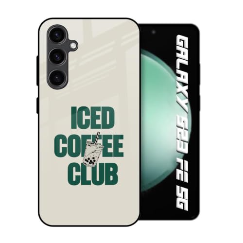 Image of Stylish Designer Glass Case Compatible with Samsung Galaxy S23 FE 5G Back Cover for Women & Girls | Beige Iced Coffee Club, Glossy & Scratch-Resistant Finish