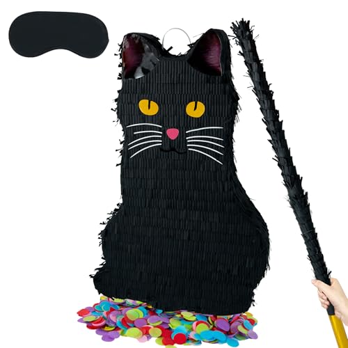 PCFING 21.6 Inch Halloween Cat Piñata with 30 Inch Piñata Stick Blindfold Confetti for Boy Girl Adults Halloween Scary Party Decorations，Candy Game，Trick Treat Party