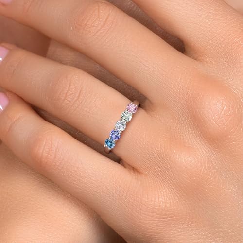 Gem Stone King 925 Sterling Silver Customized and Personalized 5 Stone 4MM Round Gemstone Birthstone Band Wedding Name Engraved Ring For Women Available In Size 5, 6, 7, 8, 94