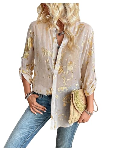 GORGLITTER Women's Sheer Button Down Shirts Long Sleeve Work Office Business Fashion 2026 Dressy Blouse Tops