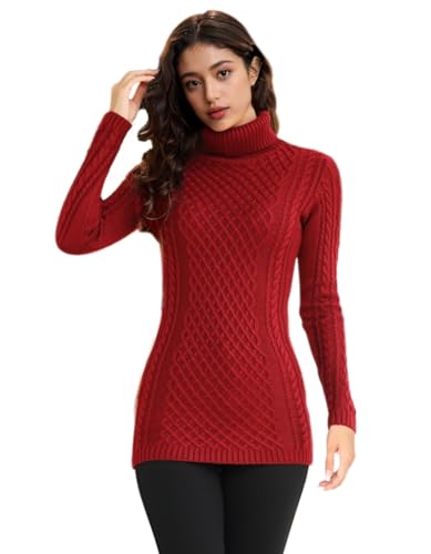 Image of v28 Women's Cotton Turtle Cowl Neck Aran Fishermen Fair Isle Cable Knit Sweater