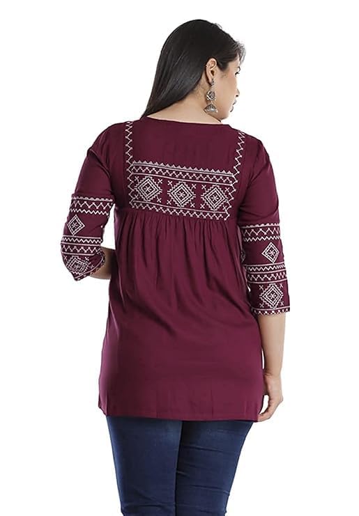 Image of Avayayat Women's Rayon Classic Heavy Embroidery Top with Beautifull Tassels at Front and on Both Sleeves Regular Fit Office Wear Festival Tunic Jeans Summer