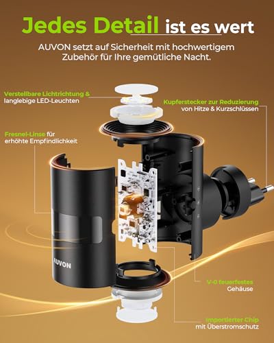 AUVON Nachtlicht Steckdose mit Bewegungs- & Dämmerungssensor (90° Drehbar, Zuschaltbare Auf-/Abwärtsbeleuchtung, 1-50 lm Dimmbar), 2er Night light Warmweiß für Flur Treppe Schlafzimmer Küche Kinder