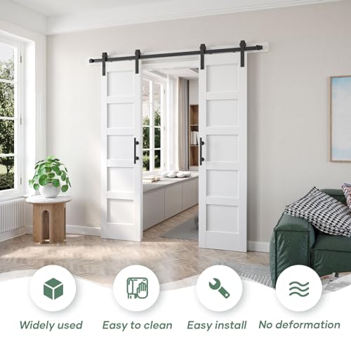 Image of Fredbeck Double 21inx84in White Barn Door and 7FT Sliding Barn Door Hardware Kit Included,Solid,MDF, PVC Surface,DIY Assembly,5-Panel,Fit 38in-41in Opening
