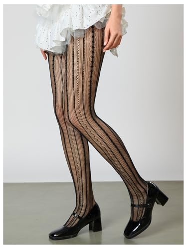 Image of RoseSeek Women's Floral Lace Fishnet Tights Kawaii Y2K See Through Stocking | Sheer Mesh, Lace Tights, Floral Lace Fishnet Tights, Thigh Highs, Leggings, Y2K Stockings