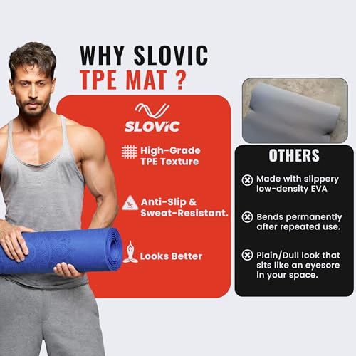 Image of Slovic Yoga Mat for Woman [6 MM] | TPE Yoga Mat for Man | Anti-Slip Exercise Mat for Home Workout & Home Gym | Durable & Lightweight Gym Mats for Floor With Cover Bag | Navy Blue