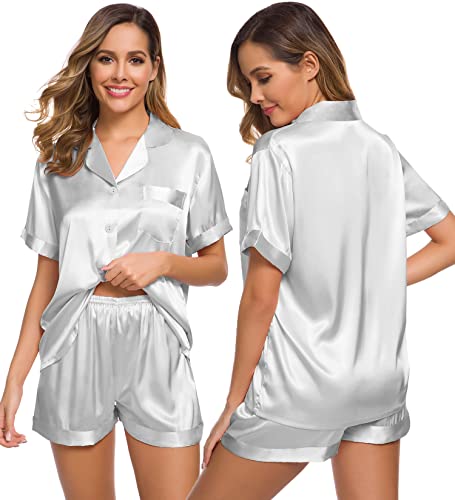 Image of SWOMOG Womens Silk Satin Pajamas Set Short Sleeve Sleepwear Button Down Top and Shorts Loungewear 2 Piece Pjs Set XS-3XL Grey Solid Large