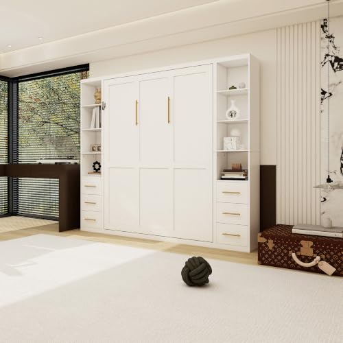 Image of KEIKI Queen Size Vertical Cabinet Murphy Bed with 2 Side Cabinet, Multifunctional Foldable Hideaway Wall Metal Bed Frame with Slats, No Box Spring Needed, Easy Assembly, for Bedroom, Guest room, White