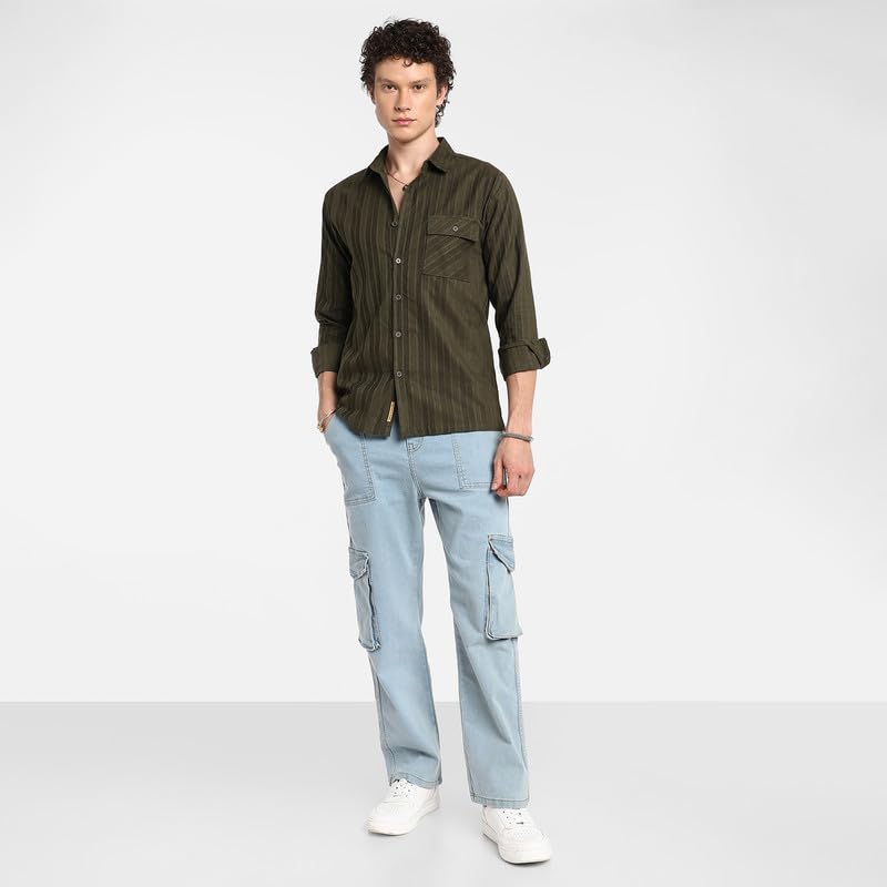 Image of CAHOOT Men's Polycotton Abstract-Textu Shirt |Casual-Wear | Spread Collar | Long Sleeve | Button Closure | Shirt Crafted with Comfort Fit for Everyday Wear