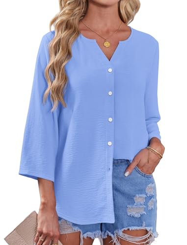 Image of OFEEFAN Button Down Shirts for Women 3 /4 Length Sleeve Tops V Neck Blouses Business Casual Outfits Loose Fit