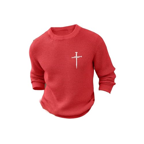 Men's Retro Faith Cross Printed Design Waffle Fabric Long Sleeve T-Shirt Christian Cross Tee Christmas Shirts for Men