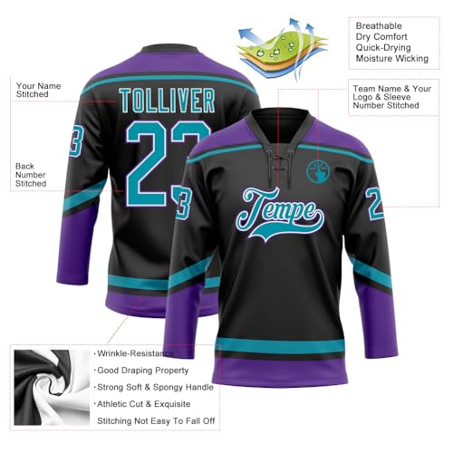 Design Blank Hockey Jerseys for Men Women Youth, Black Purple Teal Hockey Practice Uniforms Custom, Personalized Lace-up Neck Long Sleeve Ice Hockey Sports Fan Shirts Printed Stitched Team Name Number - Thumbnail 3