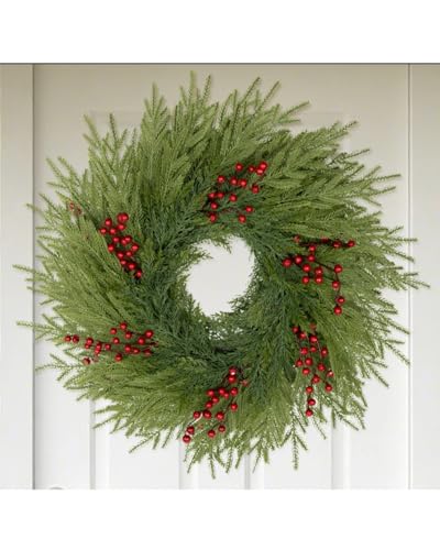 ESTABA Artificial Christmas Wreaths for Front Door, 26IN Large Winter Pine Wreath with Red Berries, DIY Friendly Real Touch Door Wreath for Wall Window Porch Farmhouse, Indoor Outdoor Decor Wreath