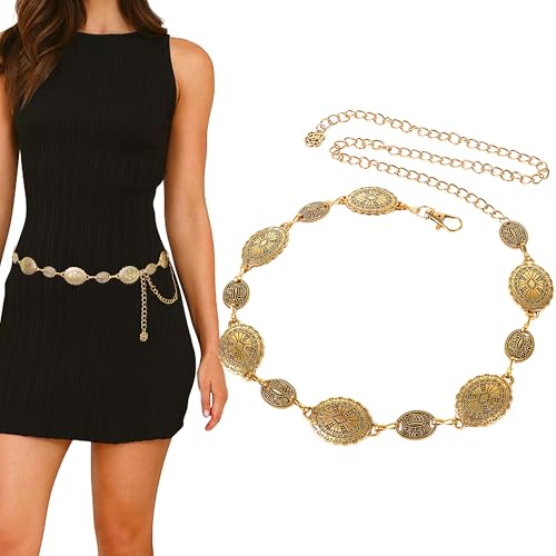 LOTOFUN Gold Chain Western Belts: Metal Cowgirl Chain Belts for Women - Concho Country Belt for Concert Outfit