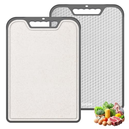 Tabla de Cortar 2 en 1 de Doble Cara, Acero Inoxidable SUS304 y Paja de Trigo, Antideslizante para Carnes, Verduras, Frutas, Lavavajillas Seguro (40,6 cm x 27,9 cm) miniatura 1