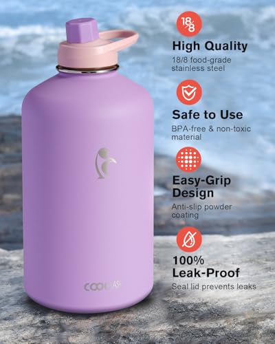 Image of Coolflask Gallon Water Bottle Insulated with PU Leather Sleeve & 3 Lids