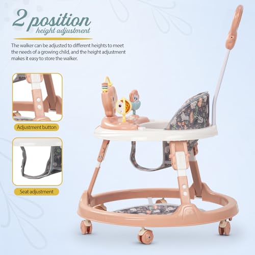 Image of Baybee Minto 2-in-1 Baby Walker for Kids with Push Handle, 2-Level Height Adjustment, Footmat & Musical Toy Bar | Activity Push Walker for Babies 6-18 Months (Pink)