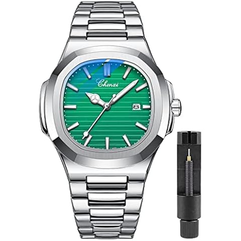 GOSASA Fashion Men Watches Luminous Calendar Casual Watch Stainless Steel Quartz Waterproof Analog Display Male Wristwatch, Green, Fashion Cover