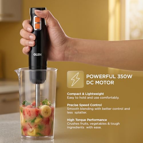 Image of Glen Hand Blender with Detachable Stainless Steel Arm,Low Noise powerfull DC Motor, Slim Grip Easy One-Hand Operation, Ideal for Turbo Speed Control Soups,Saag, Purees & Smoothies- Black (4063 HB BL)