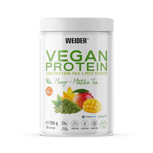 Weider Vegan Protein (750g) Mango-Matcha Flavour. 23g Protein/dose, Pea Isolate (Pisane) & Rice Protein. with Vitamin B12 & Stevia. Gluten Free, Sugar Free. Packaging 50% Recycled 100% Recyclable
