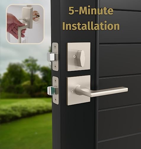 Image of Mega Handles - TOBELLE Silver Entry Door Handleset - Single Cylinder Handleset with Lever for Entrance and Front Doors - Modern Door Handles for Left and Right-Handed Doors - Straight Handle