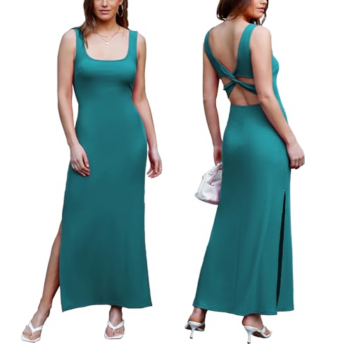 Image of Women Backless Bodycon Maxi Dress High Side Slit Twist Back Tank Dress | Criss Cross Twist Back Clubwear Scoop Neck Evening Party Dress Casual Vacation Beach Sundress Sleeveless Slit Prom Gown