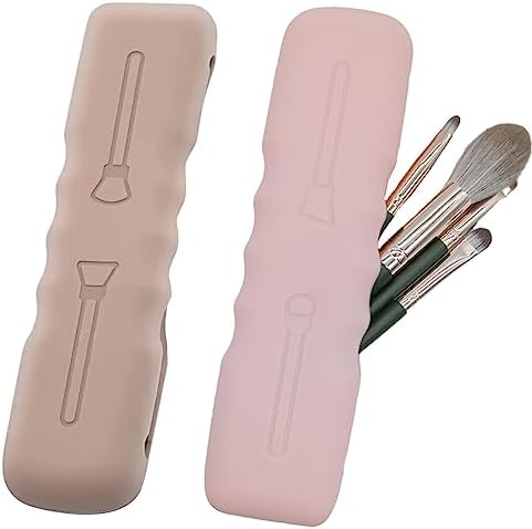 Travel Makeup Brush Holder, 2 Pcs Silicone Portable Makeup Brush Case Magnetic Brush Holder Cover for Women Travel and Daily Brush Storage (Brown and Pink)