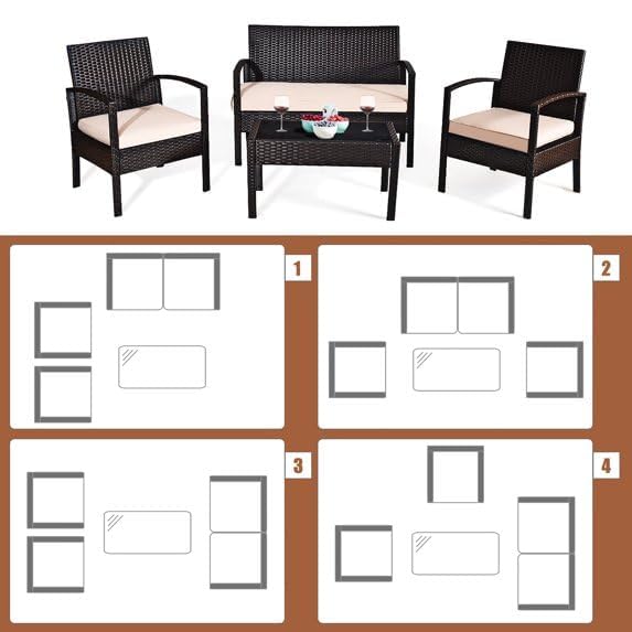 Image of India Outdoor Indoor 4 Piece Patio Furniture Sofa Set Conversation Set Waterproof with Washable Soft Cushion and Center Table Wicker for Balcony and Gardens